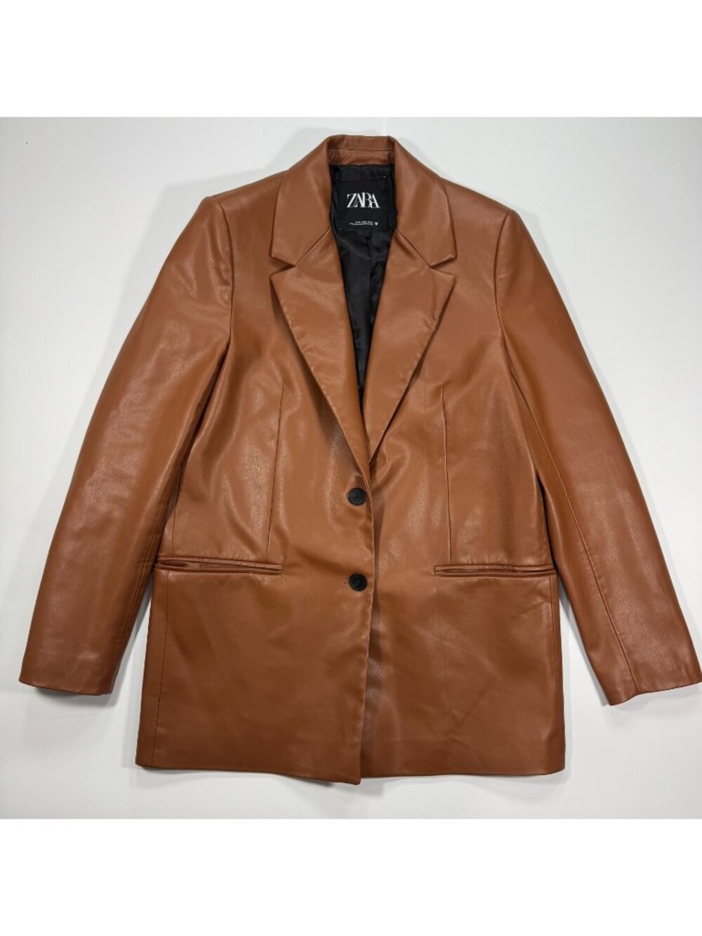 Zara Blazer Jacket Womens S Brown Faux Leather Oversized Boyfriend Preppy Career